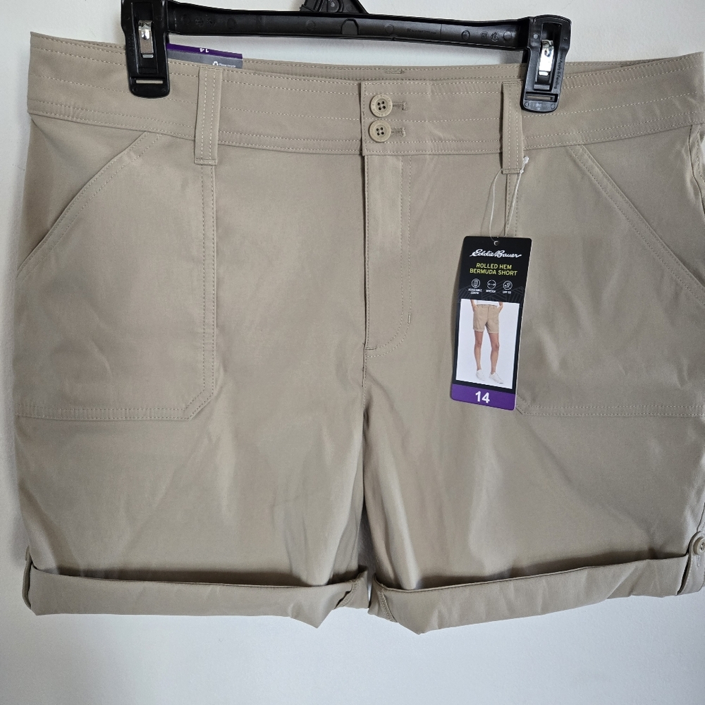 Eddie Bauer Bermuda Shorts  Womens 14 Tan UPF 50 Adjustable Rolled Hem NWT